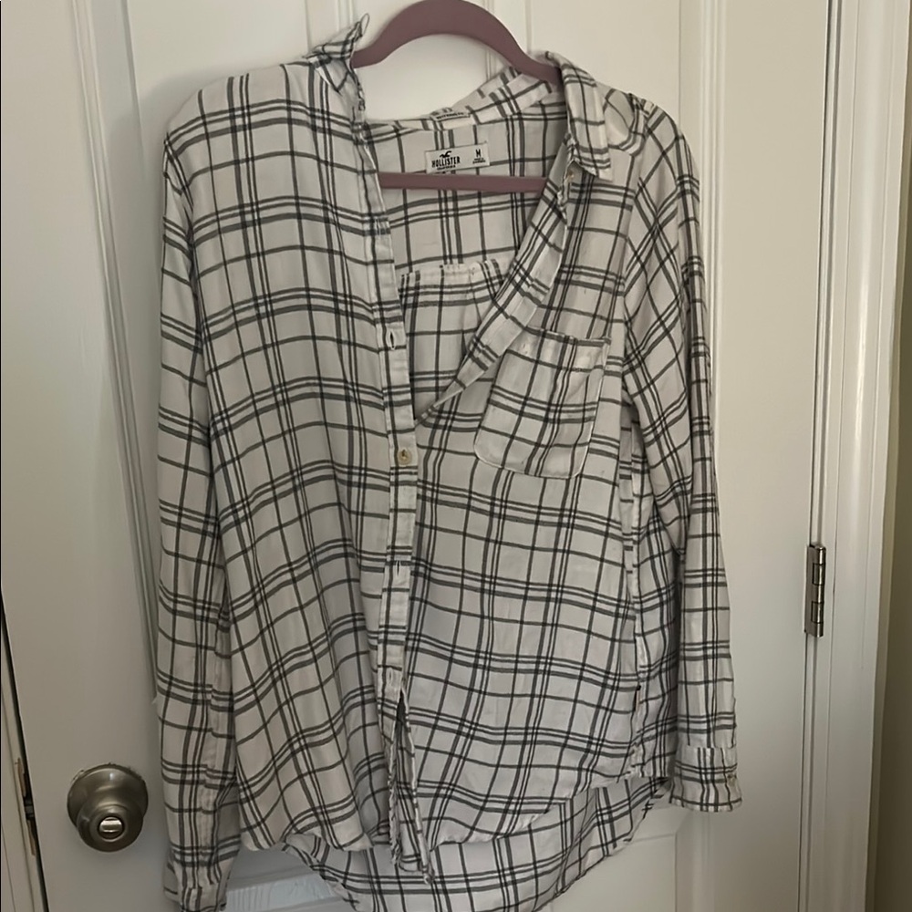 White and Black Plaid Button-Up Shirt